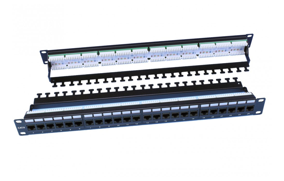 246107 Hyperline PP3-19-24-8P8C-C6-110D Патч-панель 19", 1U, 24 порта RJ-45, категория 6, Dual IDC, ROHS, цвет черный (задний кабельный организатор в